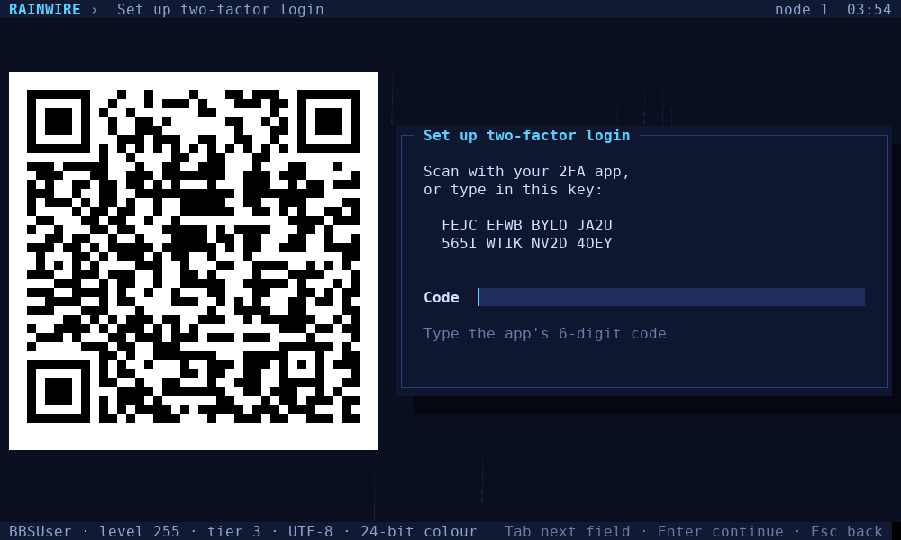 Two-factor setup screen showing a QR code drawn in the terminal and a text key